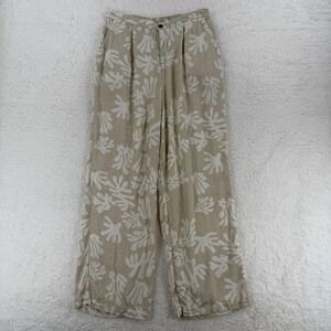 Roark Pants Womens Large Tan White Leaf Print Viscose Beach‎ Wide Leg Floral PIC